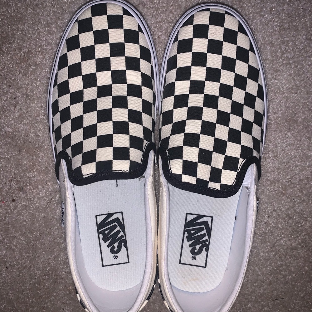 white/cream and black checkered vans